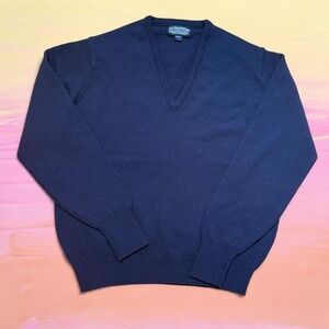 Vtg Lands' End Sweater Navy Blue 100% Lambswool V-Neck Pullover Women's L